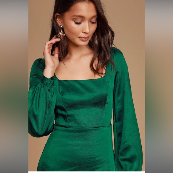 Lulus Got The Love Emerald Green Satin Square-Neck Mini Dress - Picture 3 of 7